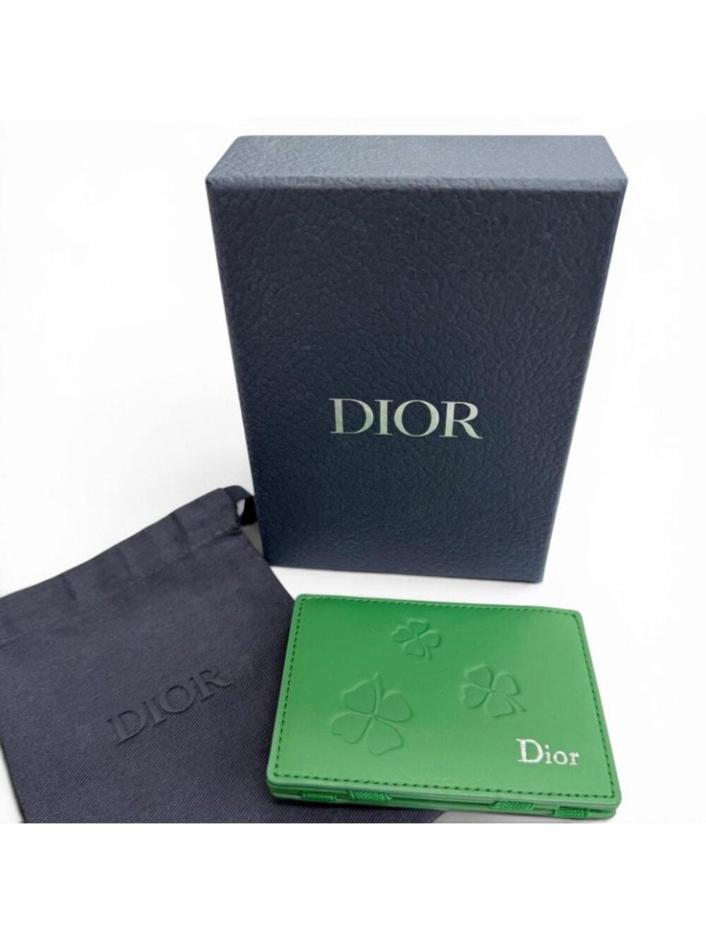 Dior Magic Wallet Calfskin Leather Clover Embossed Bifold Card Case Green - Picture 2 of 11